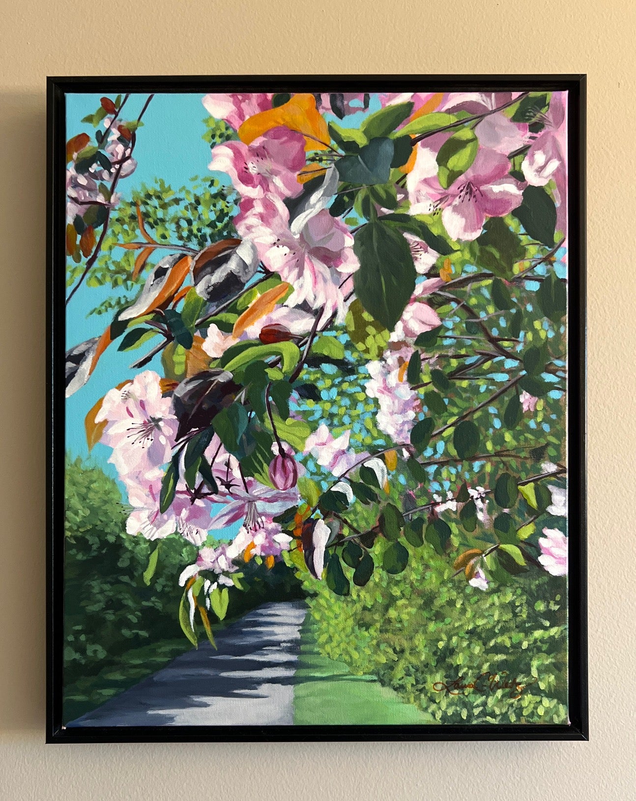 Spring Blooms along the Path - blush rose - Original Painting - 16x20 inches - Framed