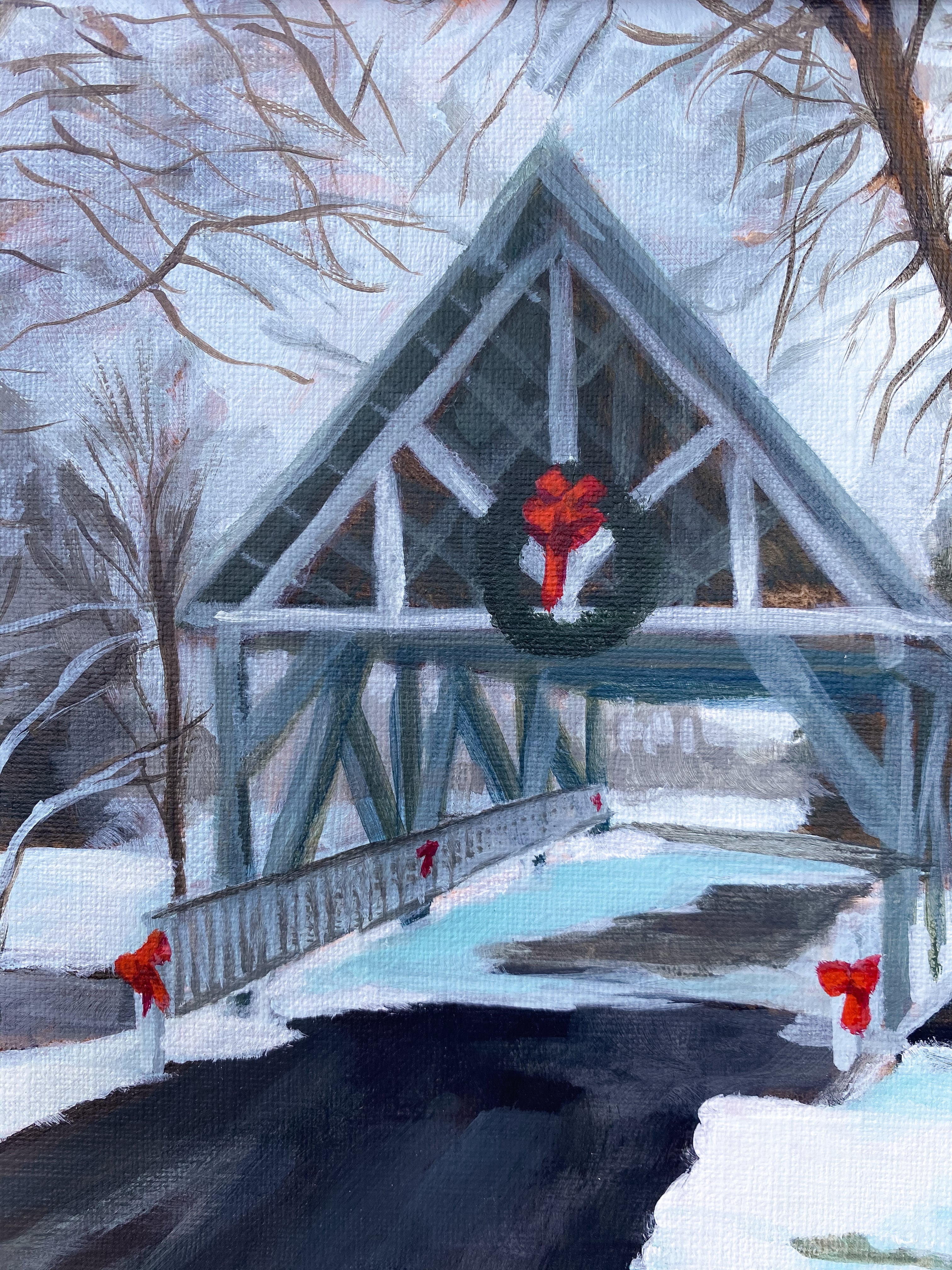 Homestead Park Winter Bridge - Original Painting - Matted, Not Framed