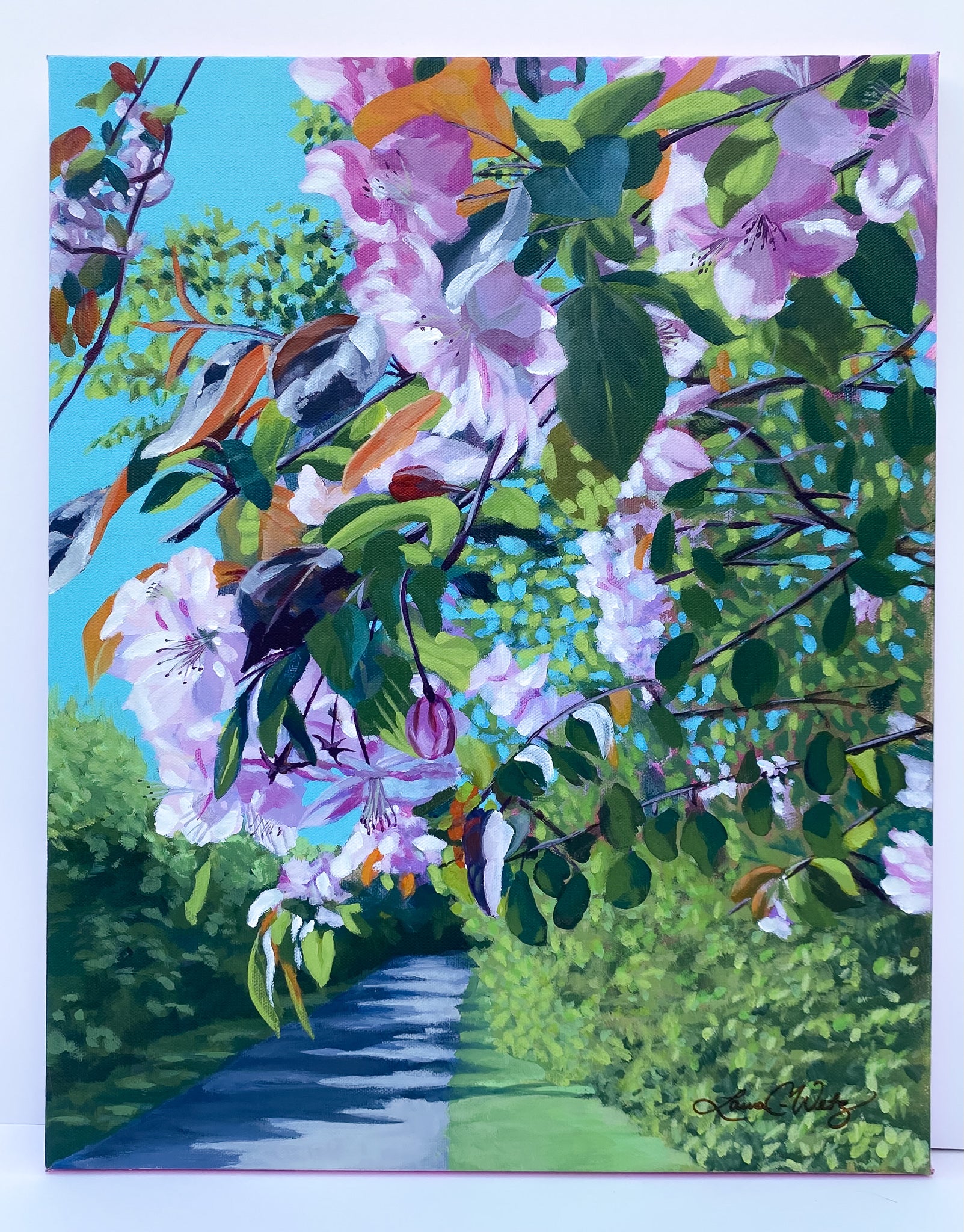 Spring Blooms along the Path - blush rose - Original Painting - 16x20 inches - Framed